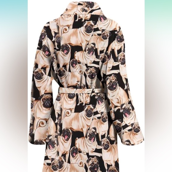 PUG Print Adorable Long Adult Comfy Bath Robe with Belt & Front Pockets Sz OS - Picture 9 of 14